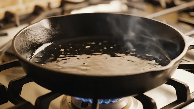 Close up of a cast iron skillet heating on a gas stove top