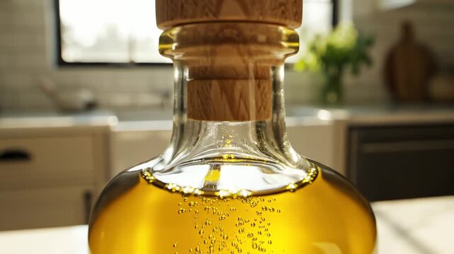 Close up of a glass bottle filled with liquid against a blurred kitchen backdrop