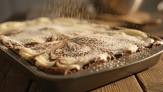 Close up of baked dessert with swirled design on wooden surface