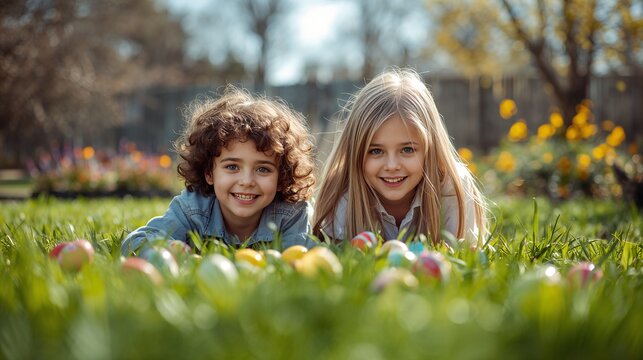 Zwei gl&uuml;ckliche Kinder suchen im Garten nach Ostereiern