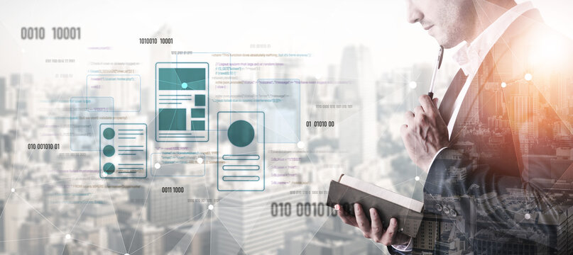 UI UX mockup showing application layout, structure, and code interface. UI design defines user flow, UI design improves clarity, UI design enhances experience, and UX design supports logic. Vouch