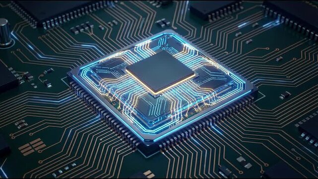 Futuristic microchip glowing circuit artificial intelligence digital processor computer hardware data network high tech electronic board cyber energy innovation design central processor microchip
