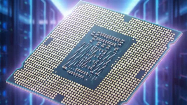 High tech computer processor central processing unit microchip silicon chip digital technology data center server hardware electronic circuit gold contact futuristic glow floating computer processor