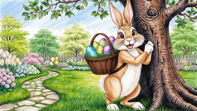 An Ostern steht der Osterhase mit einem Korb voller bunter Eier vor einem Baum im Garten