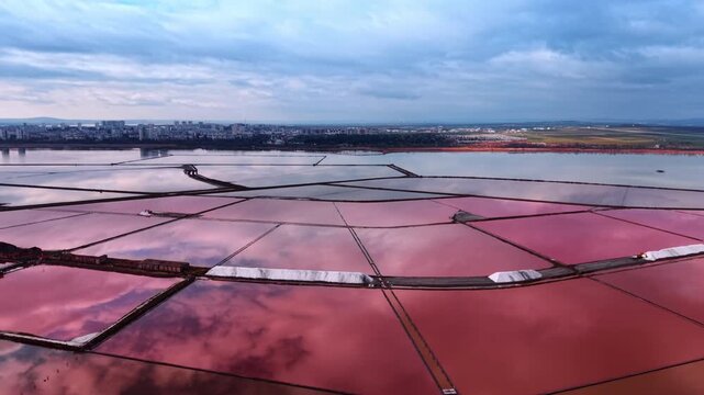 Harvested white salt piles near pink evaporation ponds. High angle view of salt heaps and harvesting machinery in vibrant pink salterns.