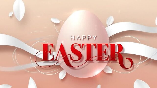 Elegant Happy Easter Greeting with Glossy Pink Egg and Flowing White Ribbons on Peach Background 4k video