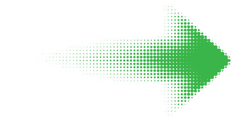 Abstract green halftone arrow shape, dotted geometric wave pattern fading on white background, modern minimal directional design for growth, progress and digital flow concept