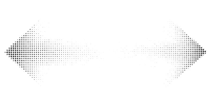 Abstract black triangular halftone arrow shapes, geometric dotted wave pattern fading on white background, modern minimal directional design for technology and data flow concept