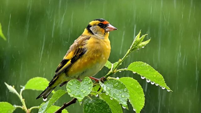 Goldfinch perched on branch in rain.