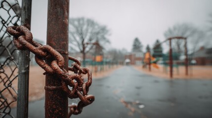 Naklejka premium Heavy Rusted Iron Chain Wraps Around School Gate With Blurred Playground in Background and Dark Grey Sky During Cloudy Weather in Winter Season