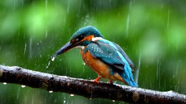 Kingfisher perched on branch in rain.
