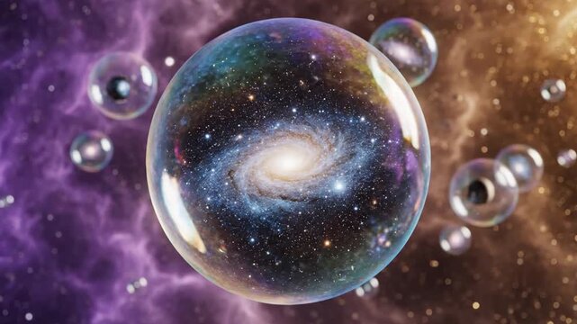 Conceptual visualization of a massive spiral galaxy contained within a vibrant cosmic bubble representing the multiverse theory.