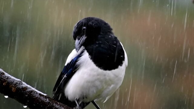 Magpie perched on branch in rain.