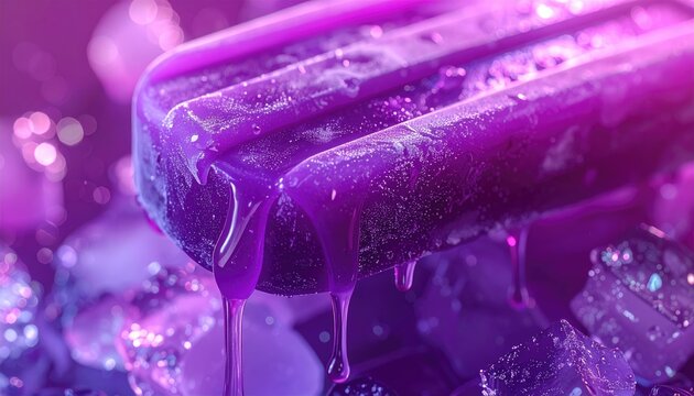 Close-up of a melting purple popsicle with ice and condensation