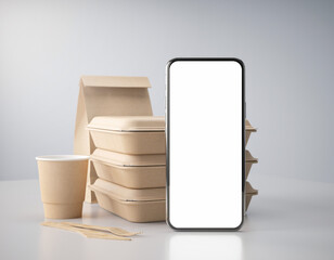 Food delivery service packaging mockup with smartphone
Eco cardboard containers next to phone with blank food app screen, modern delivery concept, 3D render.
