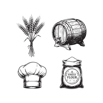 Set of hand-drawn vintage bakery and brewery elements: wheat, wooden barrel, chef hat, and flour bag.