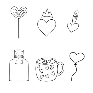 Hand drawn Valentine set, clip art with hearts, love symbols, coffee cups, bottle, lillipop ballon, minimalist black ink art collection. Romantic designs, cards, stickers, prints, and branding