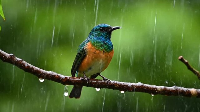 Rainy Day Bird on Branch.