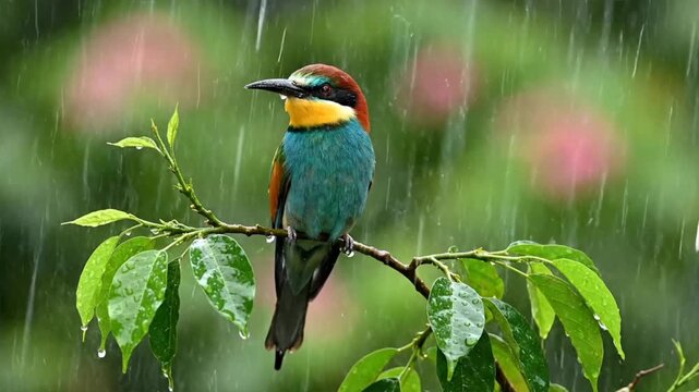 Rainy Day Bird on Branch.