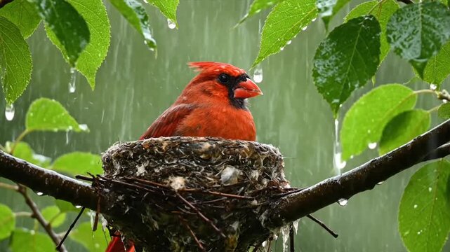 Red Cardinal Sitting in Nest Rainy Day.
