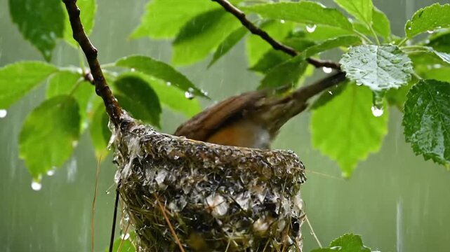 Robin Sitting in Nest on Rainy Day.