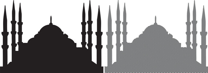 Black silhouette and striped outline of a mosque with multiple minarets and domes on white © SHAPNA AKTER