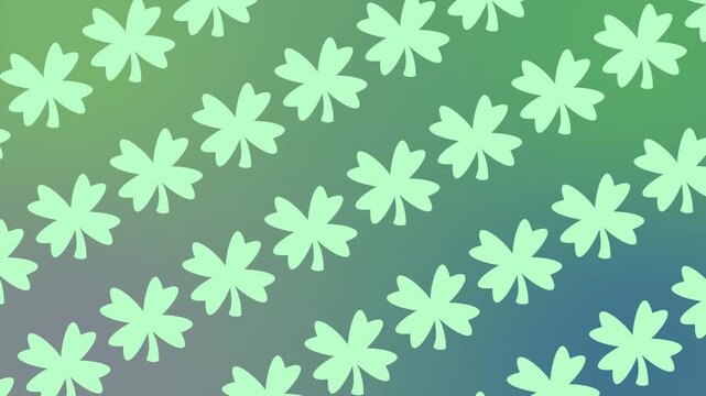 Seamless pattern with light green four-leaf clover icons on a gradient background animation. Repeating shamrock wallpaper for St. Patrick's Day and Irish luck themes banner.