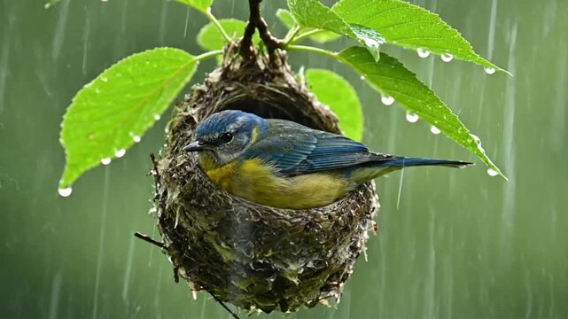 Bird in Nest on Rainy Day.