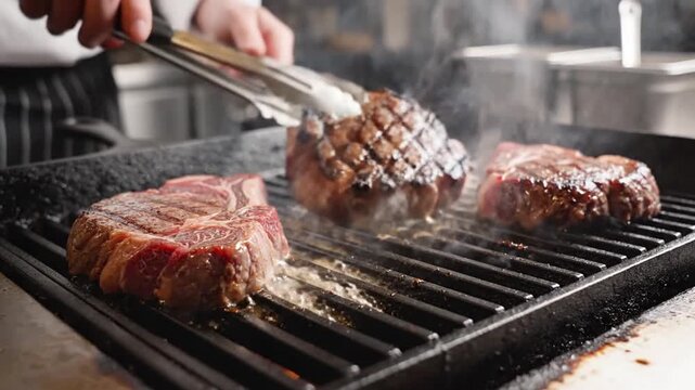 Chef uses tongs to flip thick, juicy raw and searing steaks cooking on a hot cast iron grill pan