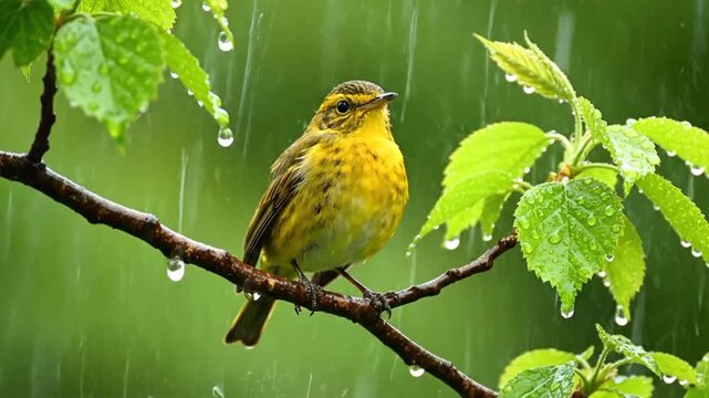 Bird on Branch in Rainy Weather.