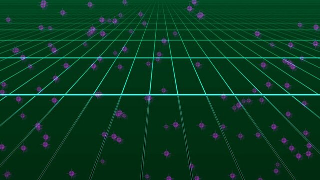 Digital particles simulation with glowing pink points and grid background