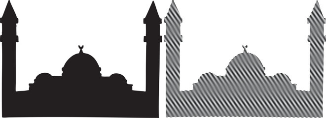 Silhouette of a large mosque with multiple domes and tall minarets in black and white line © SHAPNA AKTER