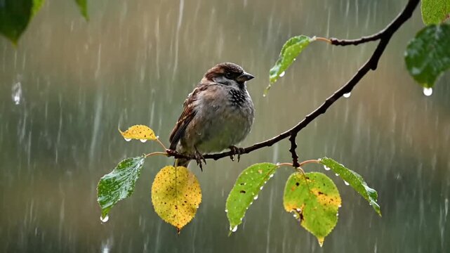 Bird on Branch in Rainy Weather.