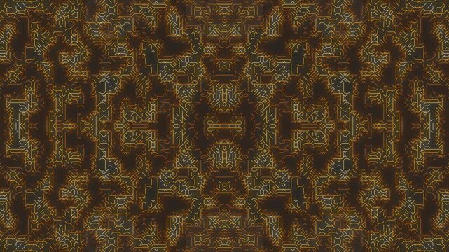 Abstract futuristic circuit board pattern with glowing golden and silver lines on dark background