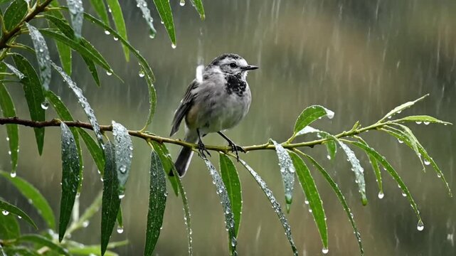 Bird Perched on Branch in Rain.