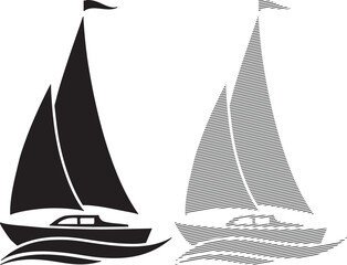 Two stylized black and white sailboats one solid and one with fine line hatching detail Keywords