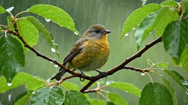 Bird perched on branch in rain.