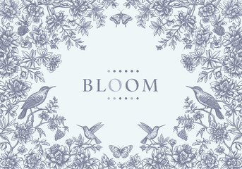 Elegant Blue Toile Botanical Bloom Floral Frame Background Design