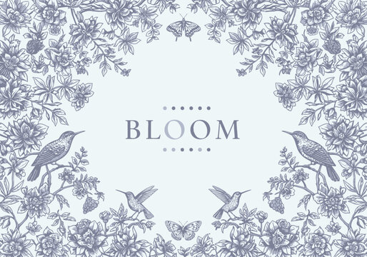 Elegant Blue Toile Botanical Bloom Floral Frame Background Design