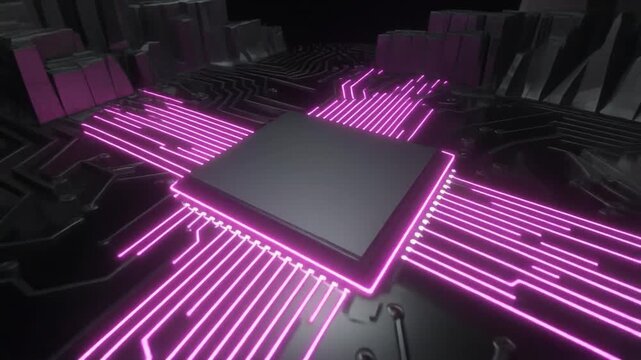 Close-up of a futuristic computer processor with glowing pink circuit board pathways in a dark, high-tech environment