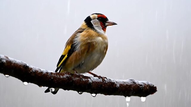 Goldfinch perched on branch in rain.