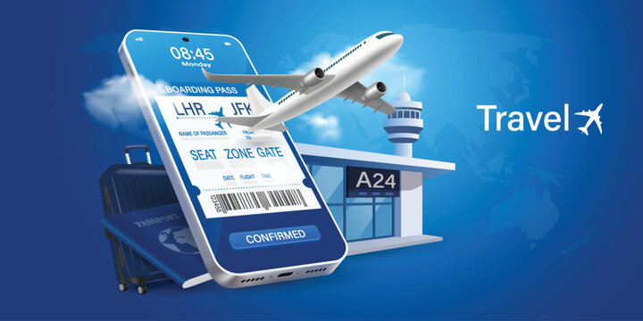 Mobile boarding pass with airport gate, airline online check-in flight ticket booking app concept,digital travel service illustration.Airplane is taking off from passport with location pin. 3D Vector.