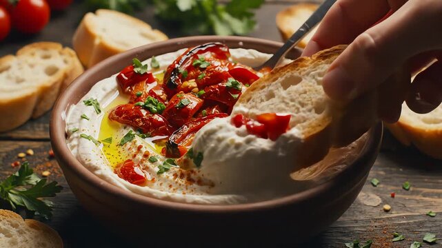 Creamy dip with vegetables and bread on wooden surface