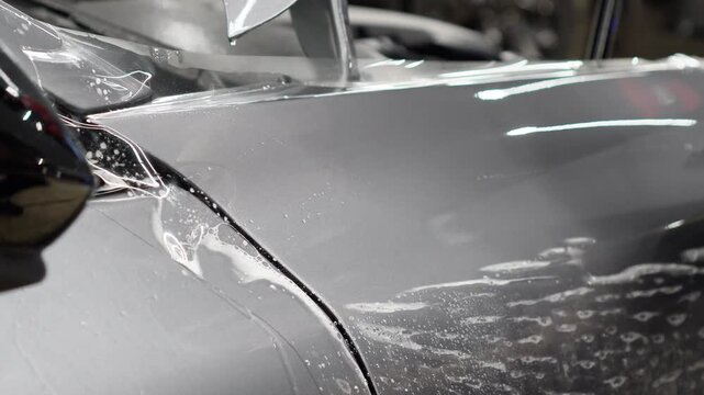 A car wrapping specialist applies a polyurethane film to the car. Detailer smoothes PPF. Car wrapping, detailing, tuning and styling. PPF protective film against chips and scratches. Car protection.