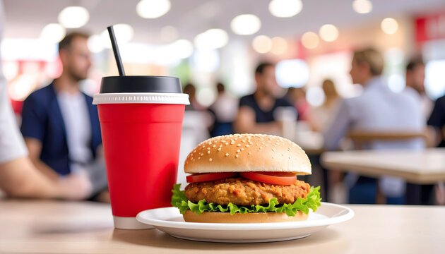 A crispy chicken burger with lettuce and tomato sits on a white plate beside a red takeaway cup. Blurred diners and warm lights in the background create a lively casual dining atmosphere.