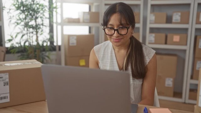 Woman smiling while typing on laptop among cardboard packages and shelving in office building; confidence success achievement.