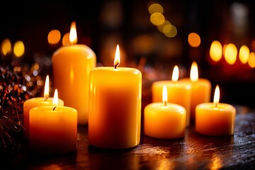 Candles Glow in Dark Room During Spiritual Ceremony With Warm Light Creating Atmosphere for Reflection and Prayer