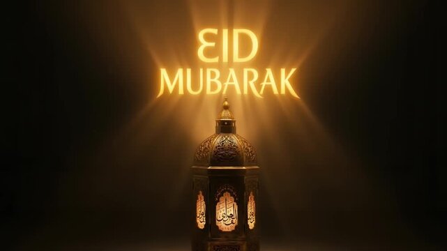 Eid mubarak golden greeting animation with glowing lantern and shining light rays in dark background cinematic video footage for religious celebration