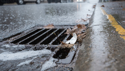 close-up of a road drain during rain fall
