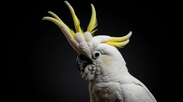 Close up of a Sulphur-crested Cockatoo with its crest raised against a black background.